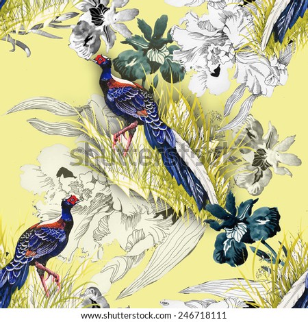 Pheasant animals birds in floral seamless pattern on yellow background vector illustration