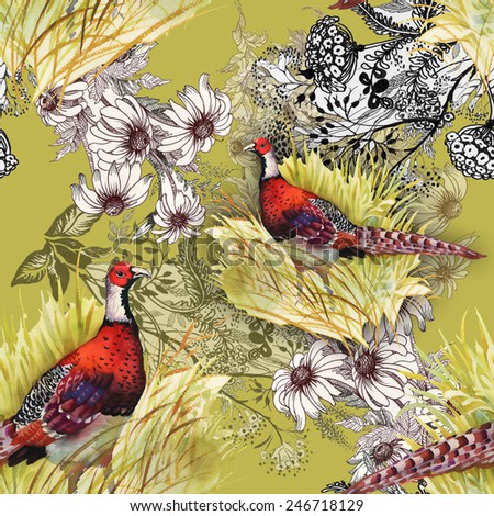 Pheasant animals birds in floral seamless pattern on olive background vector illustration