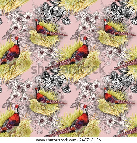 Pheasant animals birds in floral seamless pattern on pink background vector illustration