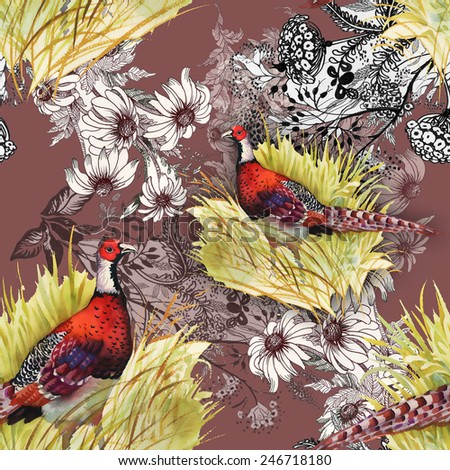 Pheasant animals birds in floral seamless pattern on brown background vector illustration