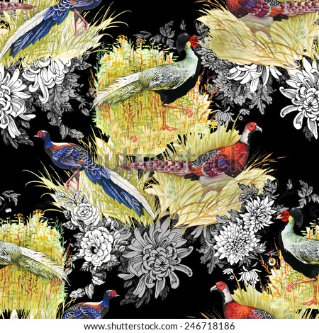 Pheasant animals birds in floral seamless pattern on black background vector illustration