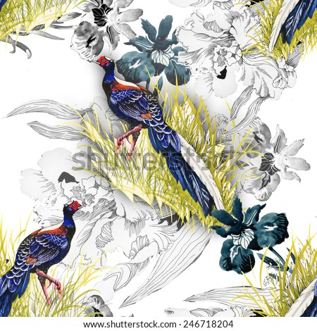 Pheasant animals birds in floral seamless pattern on white background vector illustration
