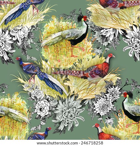 Pheasant animals birds in floral seamless pattern on green background vector illustration