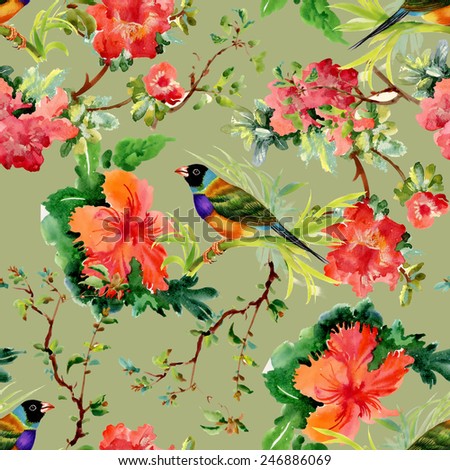 Seamless pattern with wild exotic birds on the branch with flowers on green background vector illustration