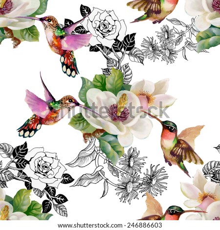 Seamless pattern with wild exotic birds on branch with flowers on white background vector illustration
