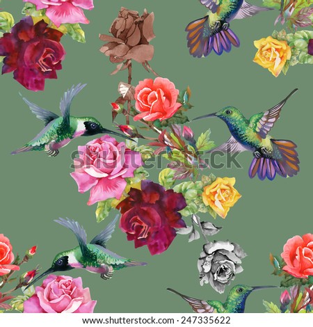 Exotic colibri birds with rose flowers colorful seamless pattern on green background vector illustration
