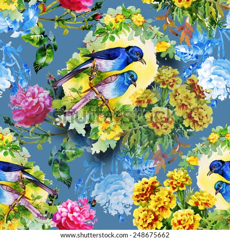 Exotic birds with flowers colorful seamless pattern on blue background vector illustration