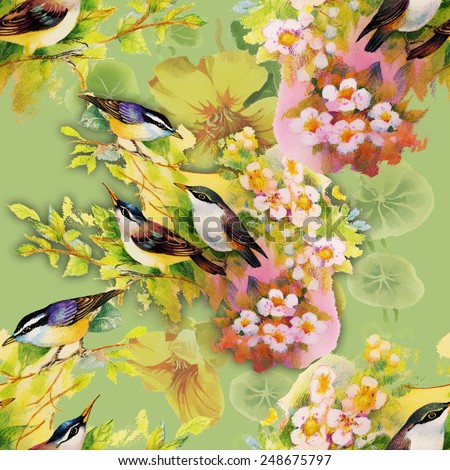 Exotic birds with flowers colorful seamless pattern on green background vector illustration