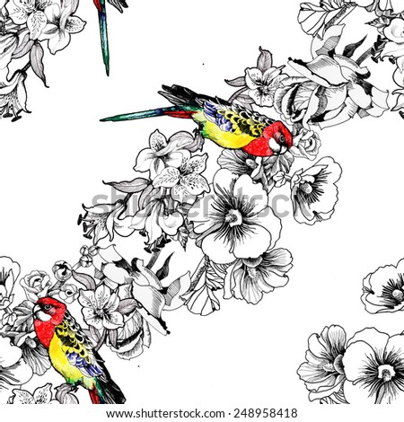 Exotic birds with flowers colorful seamless pattern on white background vector illustration