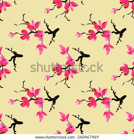 Branches of blooming magnolia flowers, spring watercolor seamless pattern on beige background vector illustration