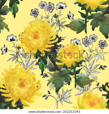 Watercolor floral yellow chrysanthemum flowers seamless pattern on yellow background