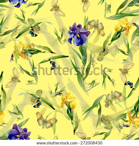 Blue and Yellow iris flowers with butterfly and bee watercolor seamless pattern on yellow background vector illustration