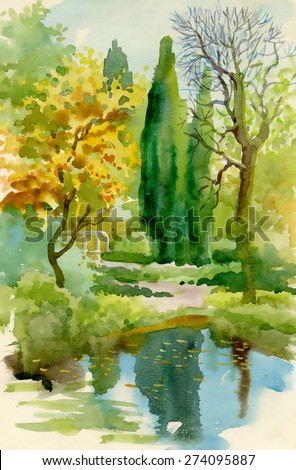 Watercolor autumn river nature landscape vector illustration