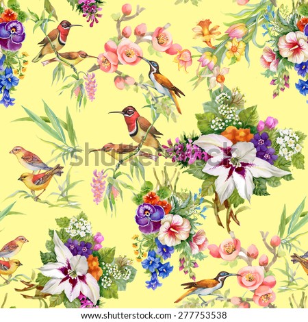 Watercolor Wild exotic birds on flowers seamless pattern on yellow background vector illustration