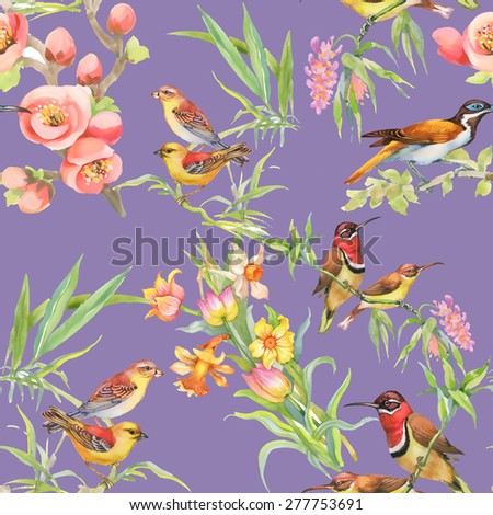 Watercolor Wild exotic birds on flowers seamless pattern on purple background vector illustration