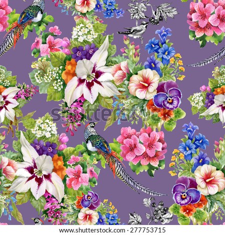 Wild Pheasant animals birds in watercolor floral seamless pattern on purple background vector illustration