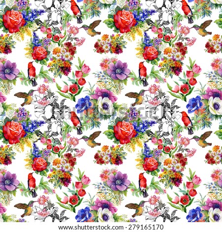 Birds with garden flowers, tulips, rose, watercolor seamless pattern on white background