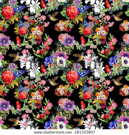 Birds with garden flowers, tulips, rose, watercolor seamless pattern on black background vector illustration
