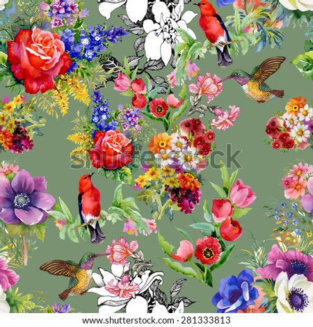 Birds with garden flowers, tulips, rose, watercolor seamless pattern on green background vector illustration