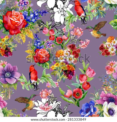 Birds with garden flowers, tulips, rose, watercolor seamless pattern on purple background vector illustration