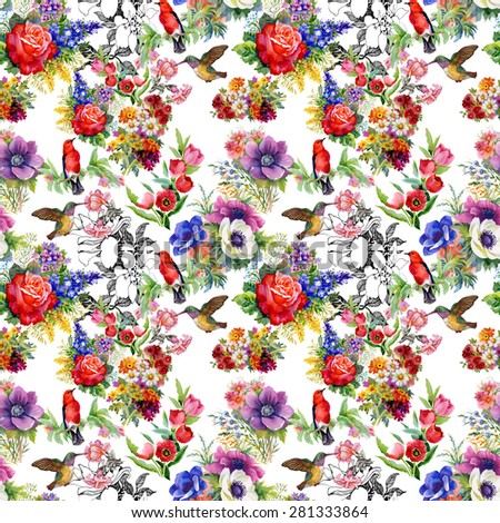 Birds with garden flowers, tulips, rose, watercolor seamless pattern on white background vector illustration