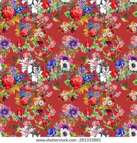 Birds with garden flowers, tulips, rose, watercolor seamless pattern on red background vector illustration