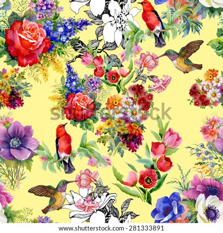 Birds with garden flowers, tulips, rose, watercolor seamless pattern on yellow background vector illustration