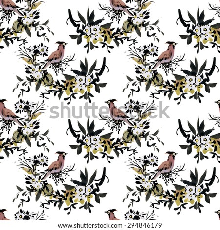 Watercolor Seamless pattern with forest birds and flowers on white background