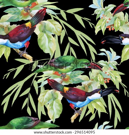 Tropical watercolor floral seamless pattern with birds and leaves on black background