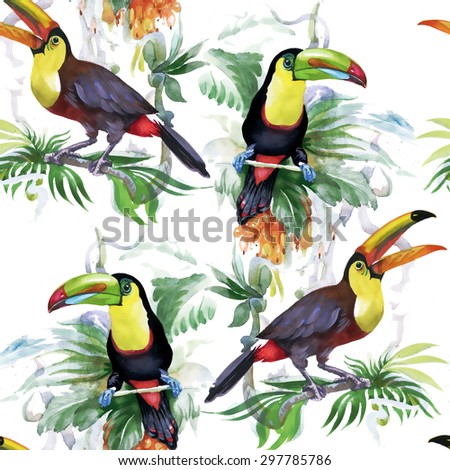 Tropical watercolor floral seamless pattern with birds and leaves on white background vector illustration