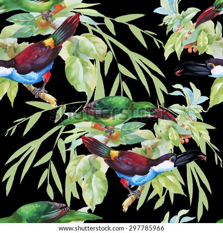Tropical watercolor floral seamless pattern with birds and leaves on black background vector illustration