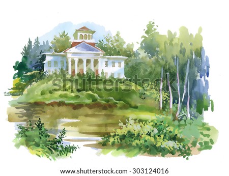 Watercolor painting of house in woods illustration
