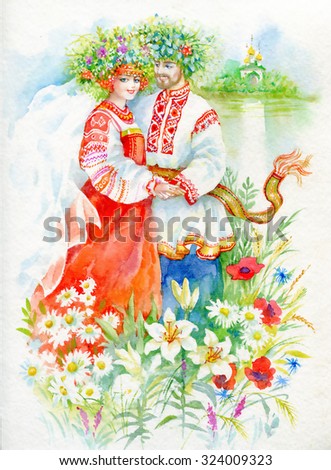 Woman and men in national costumes and wreaths on the river bank. Watercolor illustration.
