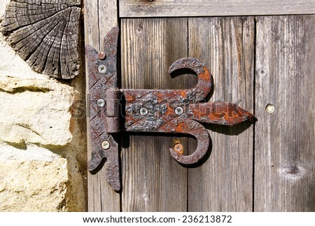 Old rusty door hinge on wooden door