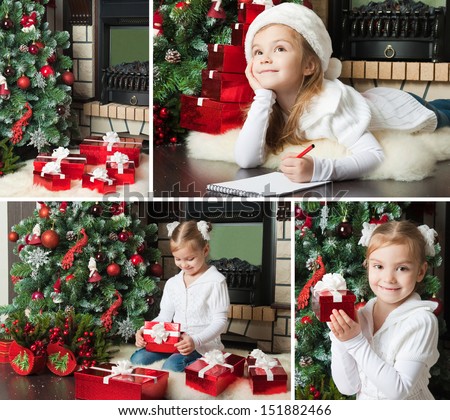 Christmas collage. Dreaming girl in Santa hat writes letter to Santa near christmas tree