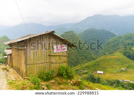 Wooden house with a sign for sale among Nature valley