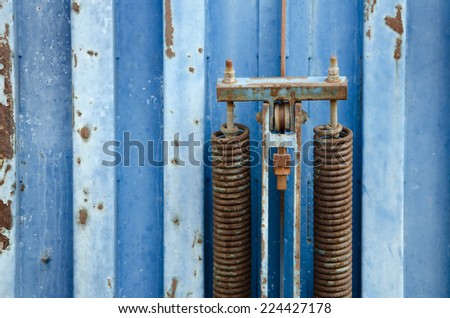 Detail of old blue rusty metal container.
