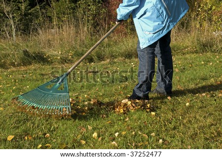 Young women rake the garden