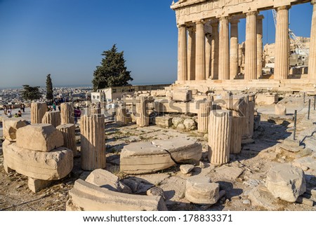 The Parthenon is a temple on the Athenian Acropolis, Greece, dedicated to the maiden goddess Athena, whom the people of Athens considered their patron deity. Its construction began in 447 BC