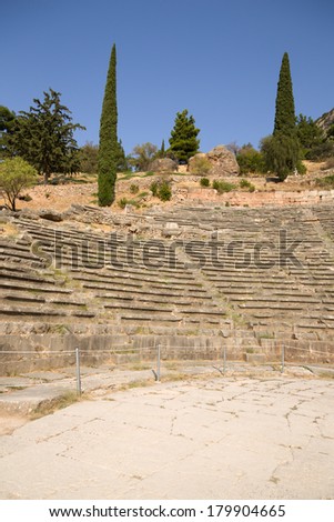 Delphi, Greece. Ancient Theatre. The ancient theatre at Delphi was built was originally built in the 4th century BC but was remodeled on several occasions since