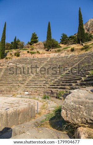 Delphi, Greece. Ancient Theatre. The ancient theatre at Delphi was built was originally built in the 4th century BC but was remodeled on several occasions since