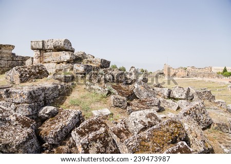 Turkey, Pamukkale - Hierapolis. Ruins of ancient buildings in the archaeological area. UNESCO list