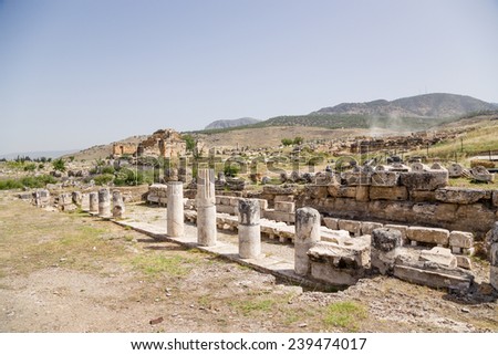Hierapolis, Turkey. The ruins of the marble portico, the first half of the 1st century AD. In the background, the ruins of the fountain Nymphaeum, 2nd century AD. UNESCO list