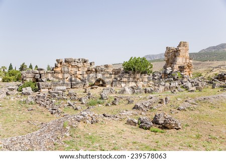 Pamukkale-Hierapolis, Turkey. Ancient ruins of the city.  UNESCO list