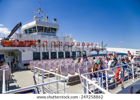 DARDANELLES, TURKEY - JUN 29, 2014: Photo of navigation bridge and passenger ferry deck in the Strait of Dardanelles