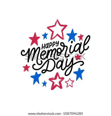 Happy Memorial Day handwritten phrase in vector. National american holiday illustration with color stars. Festive poster, greeting card, invitation etc.