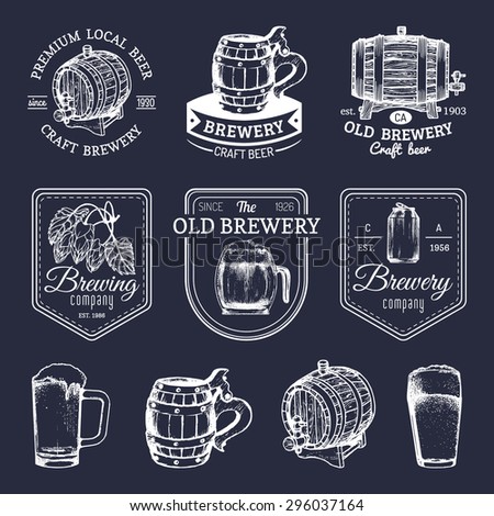 Vector set of vintage brewery logo. Retro logotypes collection with beer elements. Brewery signs. Beer icons set.