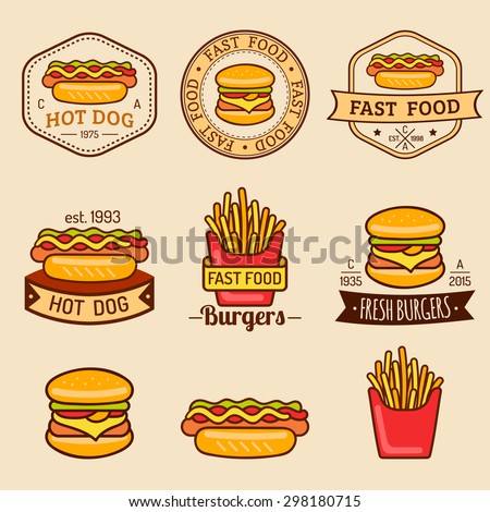 Vector vintage fast food logo set. Retro food logotypes collection. Fast food and pizza logos.