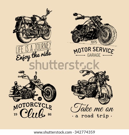 Chopper and motorcycle logo set. Chopper sign. Motorcycle logos. Chopper garage logotypes. Vector vintage biker logos. Chopper motorcycle logos. Custom motorcycle illustration.