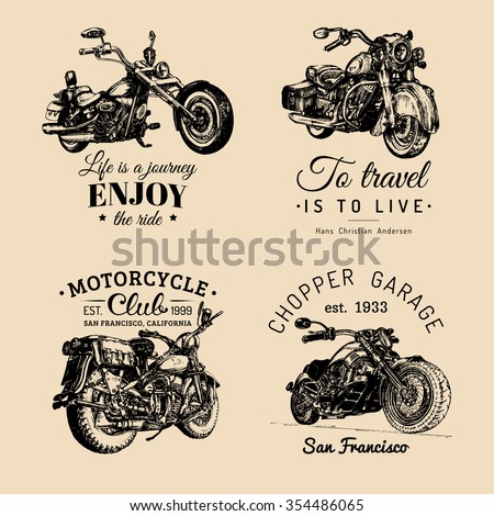 Chopper and motorcycle logo set. Chopper sign. Motorcycle logos. Chopper garage logotypes. Vector vintage biker logos. Chopper motorcycle logos. Custom motorcycle illustration.